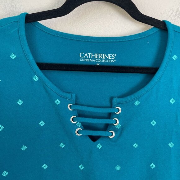 Catherines Womens Plus 2X 22/24W Suprema Collection Teal Lace Up Neck Tunic Top - Picture 7 of 8